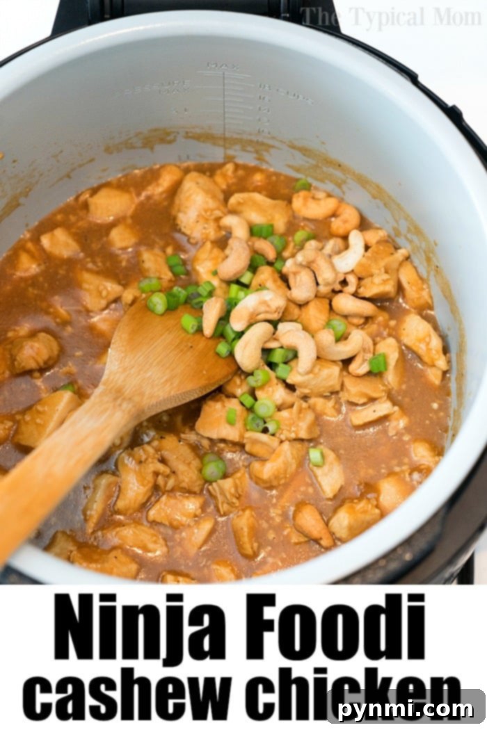 A close-up of Ninja Foodi cashew chicken, perfectly sauced and ready for a meal.