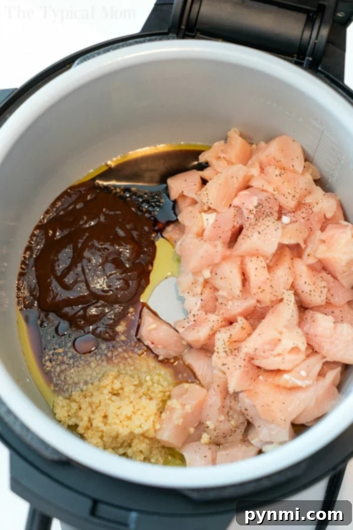 A close-up of the delicious Instant Pot cashew chicken with a spoonful of rice, highlighting the rich sauce and crunchy cashews.