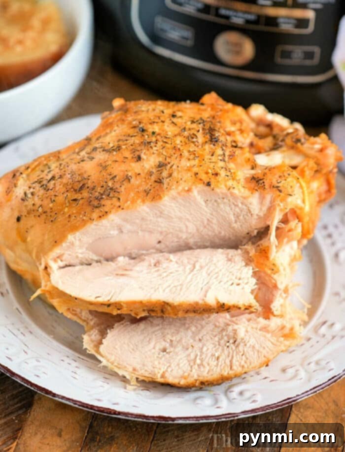 Ninja Foodi turkey breast that's tender inside and crispy on the outside! Learn how to cook a bone in turkey breast in your Ninja Foodi or Instant Pot. Ninja Foodi turkey breast, cooked to perfection, showcasing tender meat and crispy skin.