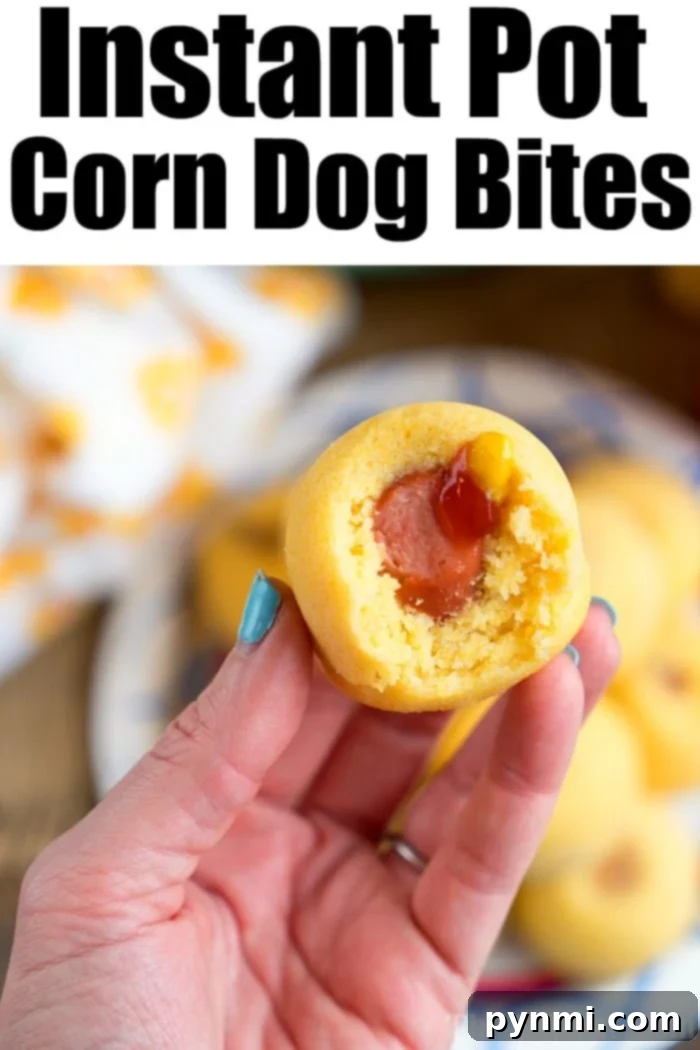 Pressure cooker corn dog bites are easy to make in your Instant Pot, Crock Pot Express or Ninja Foodi! The perfect snack or lunch your kids will love. #instantpotrecipes #instantpot #ninjafoodi #ninjafoodirecipes #corndogs #eggmold #pressurecooker #snacks #lunch #corndogbites Instant Pot Corn Dog Bites made in an egg mold, ready to serve as a perfect kid-friendly snack.