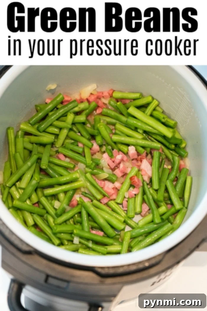 Instant Pot green beans with bacon, perfectly cooked and seasoned, ready to be served.