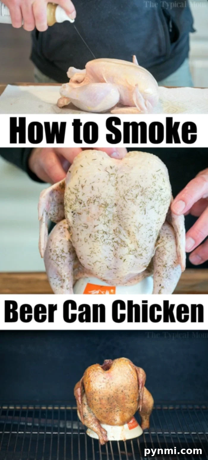 Three-panel guide illustrating steps to prepare and cook smoked beer can chicken on smoker.