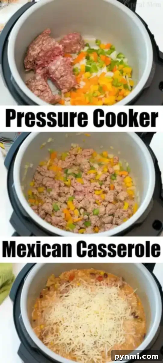Three visual steps for crafting a delightful pressure cooker Mexican casserole: first, raw ground meat and diced peppers; second, cooked meat, softened peppers, and onions; third, a completed dish layered with ingredients and topped with melted shredded cheese.
