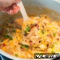 A serving of cheesy pasta with corn, beans, and green onions is scooped from a pressure cooker, highlighting a delectable Mexican casserole.