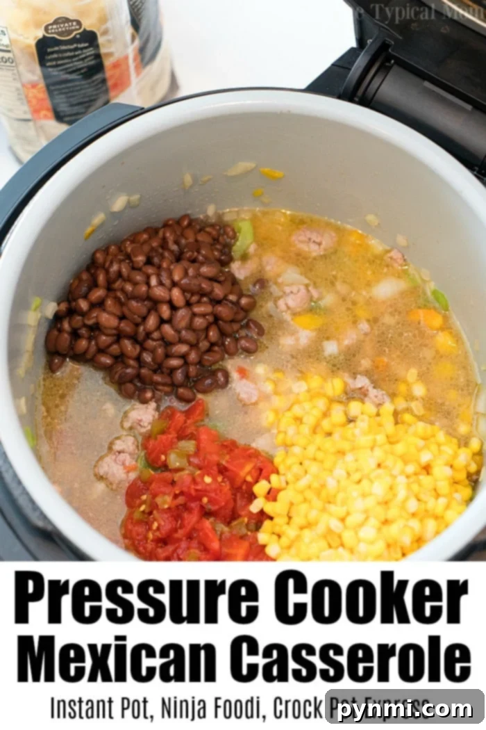 A vibrant Instant Pot casserole featuring a rich mixture of ground meat, pasta, corn, black beans, and diced tomatoes, finished with melted cheese and fresh herbs, ready to be served.