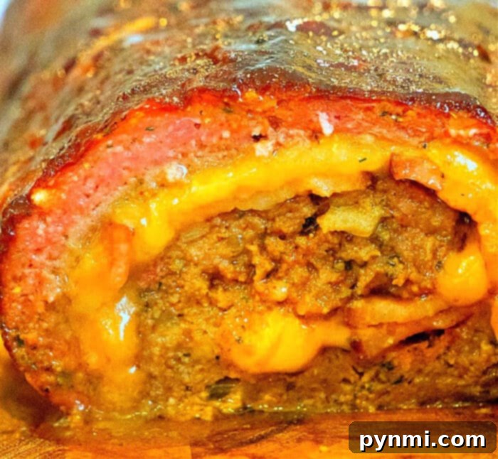 Close-up of a cross-section of a smoked meatloaf roll, revealing a generous stuffing of melted cheddar cheese and crispy bacon within the seasoned ground meat. The exterior boasts a deep, caramelized glaze, promising a perfect balance of smoky, sweet, and savory flavors. This is the best smoked meatloaf recipe with bacon and cheese, ideal for a pellet smoker.
