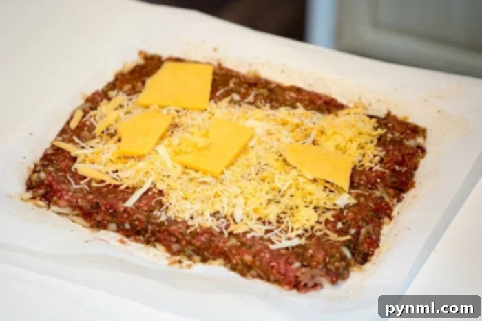 A close-up of a smoked meatloaf, showcasing a generous filling of melted cheese and crispy bacon, all encased in perfectly seasoned ground meat. The rich, savory aroma promises an exceptional comfort food experience, highlighting the deliciousness of bacon-stuffed smoked meatloaf.