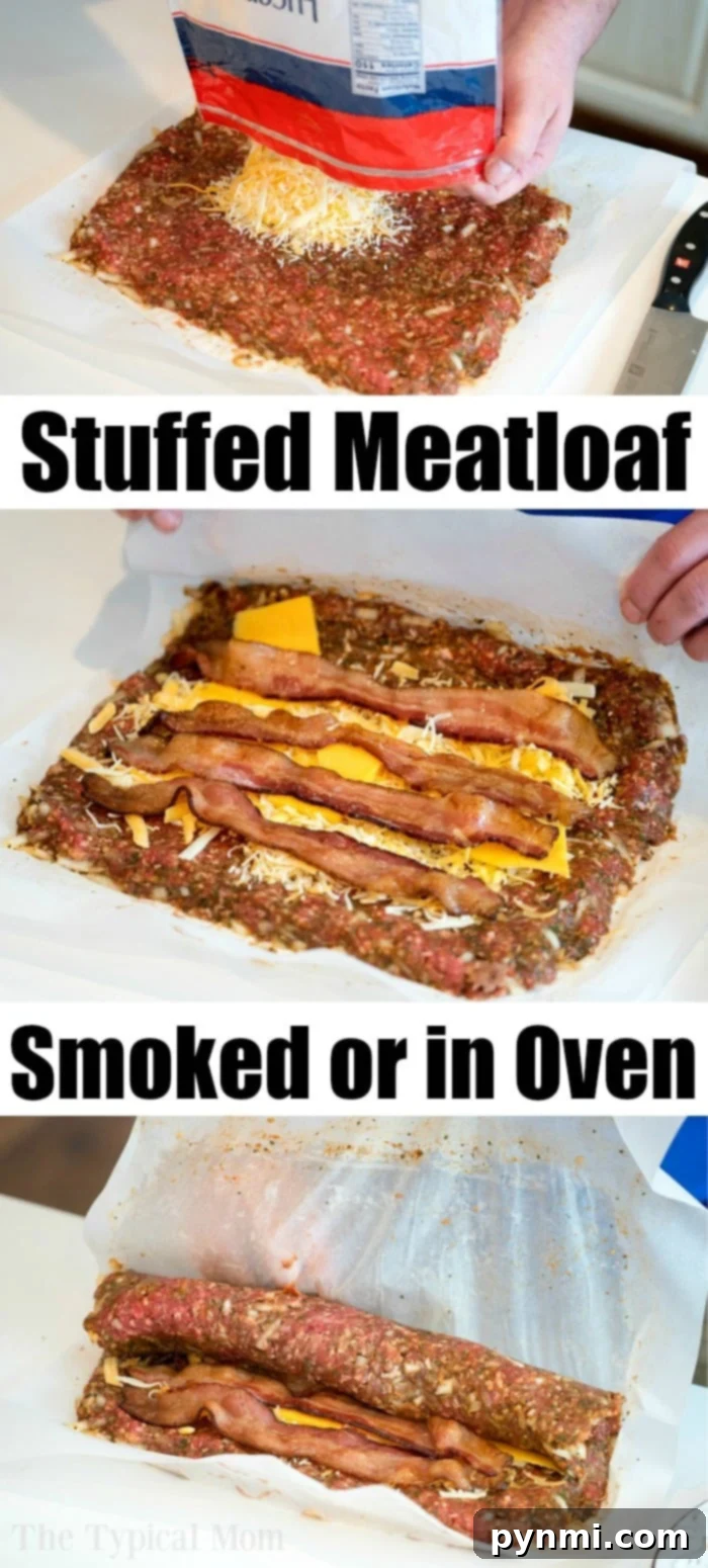 A visual guide showing the preparation of bacon cheese smoked meatloaf, from spreading the seasoned meat mixture to adding cheese and bacon, ready for rolling. The steps highlight how to create a stuffed meatloaf that's perfect for smoking or baking.