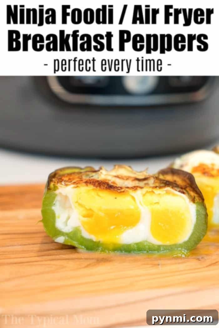 Halved green bell pepper filled with cooked eggs, an air fryer breakfast stuffed pepper recipe