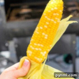 A hand grasps a grilled corn on the cob with husk in the background, subtly hinting at how to smoke corn on the cob for that rich, savory flavor.