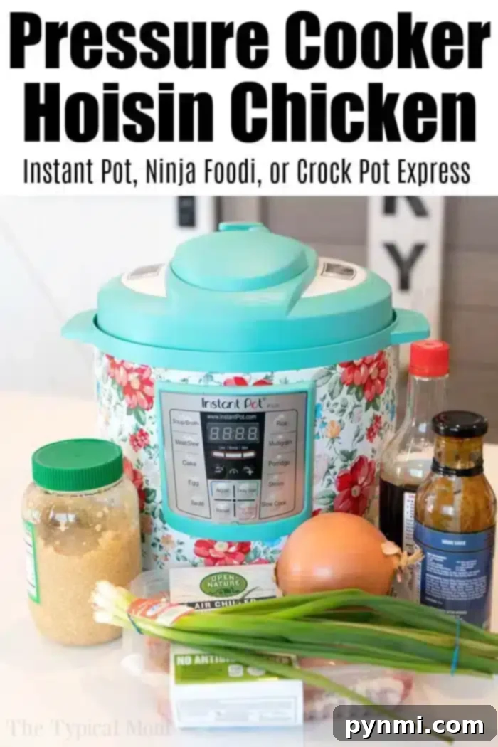 A floral Instant Pot sits on the counter, ready for pressure cooker hoisin chicken with sauces, garlic, ginger, and green onions.