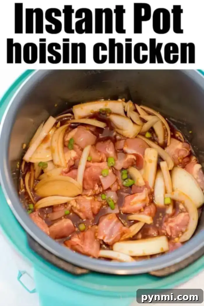 An Instant Pot, doubling as a pressure cooker, is filled with raw hoisin chicken, sliced onions, and green onions marinated in a dark sauce. Above the pot, the text reads "Instant Pot hoisin chicken.