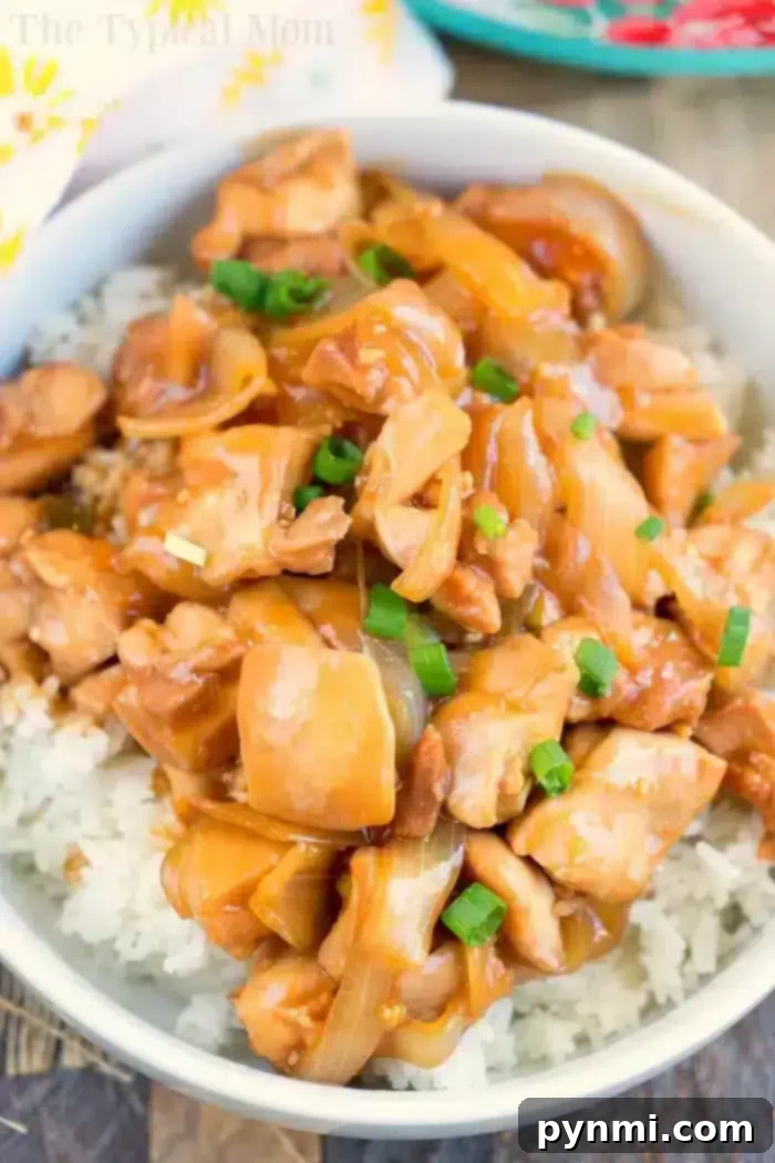 Bowl of white rice topped with tender hoisin chicken, onions, and chopped green onions.