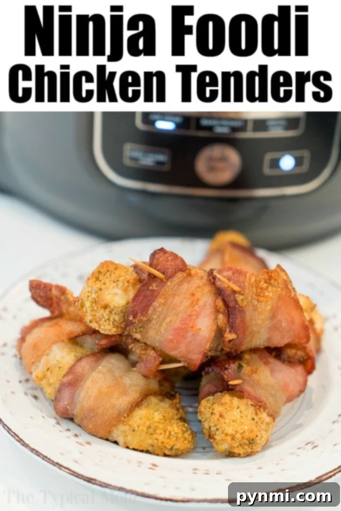 Ninja Foodi chicken tenders wrapped in bacon are here for you to enjoy tonight! Easy 20 minute air fryer dinner idea even the kids will love. ninja foodi chicken tenders ready to eat
