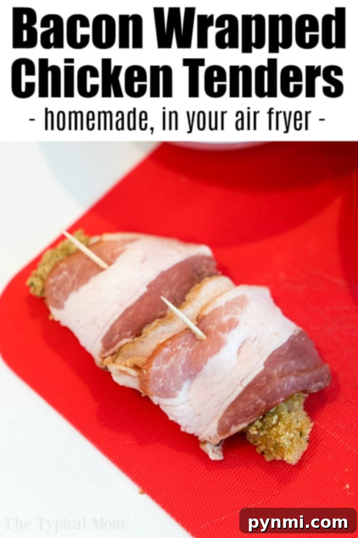 Homemade air fryer chicken strips wrapped in bacon are here for you to enjoy tonight! Easy 20 minute air fryer dinner idea even the kids will love. air fryer chicken tenders recipe with bacon