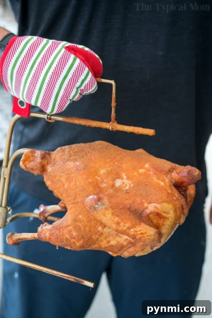 Learn how to accurately check the internal temperature of a turkey for safe and delicious results with our free printable chart. A person is shown carefully holding a perfectly cooked, whole turkey with a sturdy metal hook, their hand protected by a festive red and white striped oven mitt. This image evokes the meticulous care and precision required for preparing the best smoked turkey, emphasizing the importance of internal temperature checks for doneness.