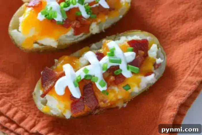 Two loaded baked potato halves rest on an orange cloth, each topped with sour cream, chopped bacon, melted cheddar cheese, and green onions. Perfect for make-ahead twice-baked potatoes, these savory delights are sure to impress at any meal.