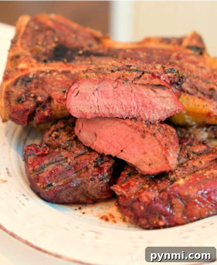 Mastering the Art of Smoked Steak 2 A plate featuring several slices of smoked steak at 250 degrees, showcasing a perfect sear on the outside with a tender, pink interior. The seasoned steak is artfully arranged on a pristine white plate.