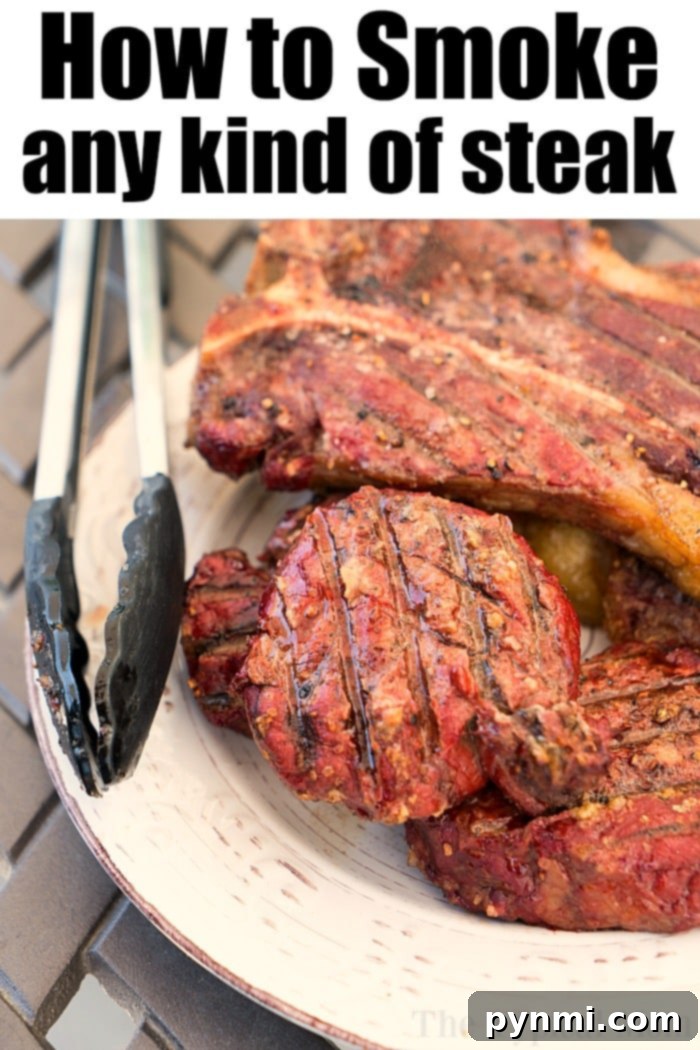How to smoke a steak so it's medium or well done on the inside with an amazing dry rub on the outside. Great ready for the ultimate beef dinner tonight. How to smoke steak, showing a thick cut of beef on a smoker grate, ready for cooking.