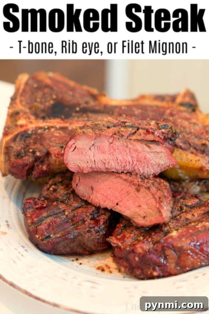 How to smoke a steak so it's medium or well done on the inside with an amazing dry rub on the outside. Great ready for the ultimate beef dinner tonight. A perfectly cooked smoked steak, sliced and ready to be served, highlighting the juicy interior.
