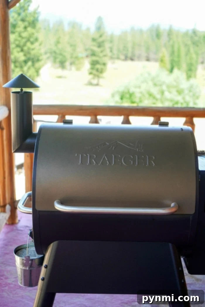 A Traeger grill is positioned on a wooden porch with a serene forest background, ready for smoking delicious meals.