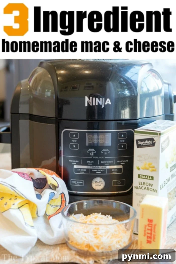 Ninja Foodi mac and cheese recipe in pressure cooker with elbow macaroni, butter, and cheese, using just three ingredients, ready in under 15 minutes.