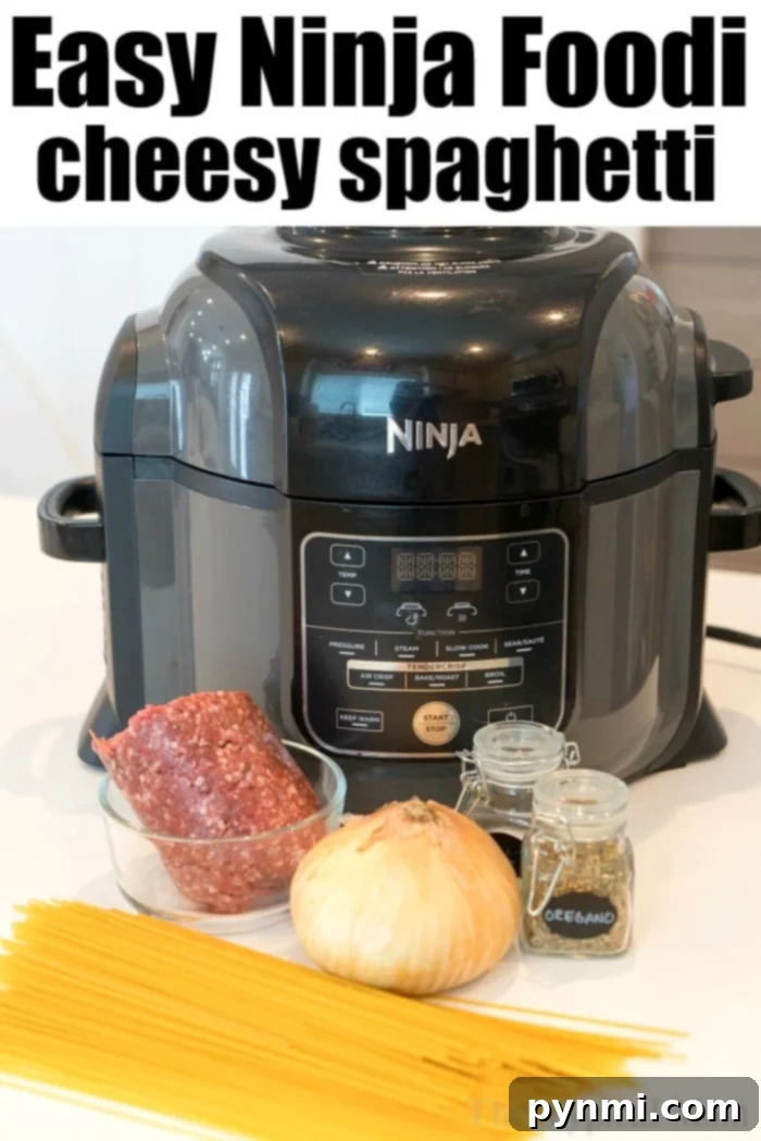 Ninja Foodi spaghetti recipe: A cheesy, one-pot dinner cooked with both pressure cooker and air fryer for a 'baked' finish. #ninjafoodi #ninjafoodirecipes #bakedspaghetti #spaghetti #cheesy #airfryer #pressurecooker #crockpotexpress #aircrisp #pasta Close-up of bubbling, golden-brown cheese topping on a pot of Ninja Foodi spaghetti, showcasing the air fryer function's result.