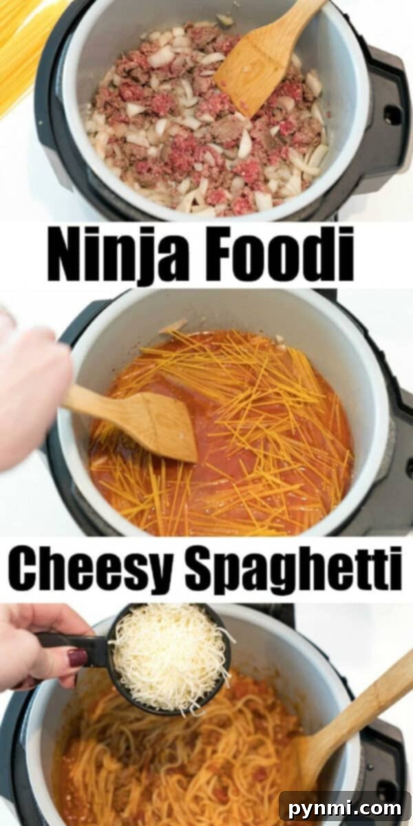 Cheesy Ninja Foodi spaghetti: Brown meat, add pasta and sauce, then air crisp for melted cheese. #ninjafoodi #ninjafoodirecipes #bakedspaghetti #spaghetti #cheesy #airfryer #pressurecooker #crockpotexpress #aircrisp #pasta Three steps: brown meat and onions, add pasta and sauce, then use your Ninja Foodi to make cheesy spaghetti topped with shredded cheese.