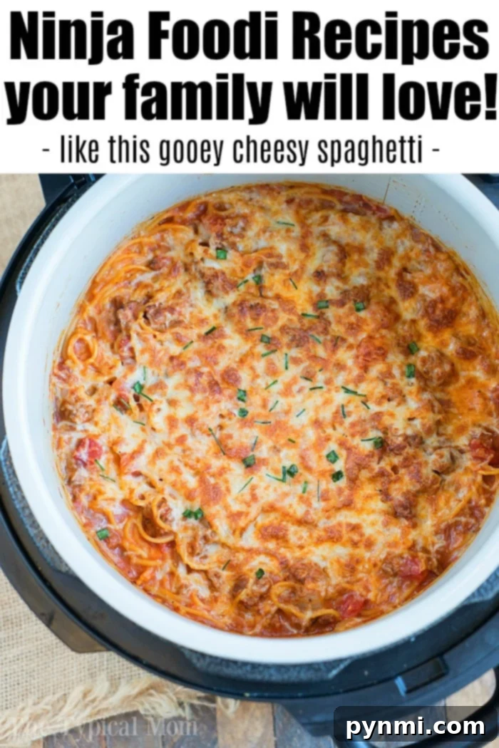 Baked Ninja Foodi spaghetti: A complete, cheesy meal using pressure cooker and air fryer functions. #ninjafoodi #ninjafoodirecipes #bakedspaghetti #spaghetti #cheesy #airfryer #pressurecooker #aircrisp #pasta A bowl of Cheesy Ninja Foodi Spaghetti, garnished with fresh herbs, showcasing the perfectly melted cheese and tender pasta.