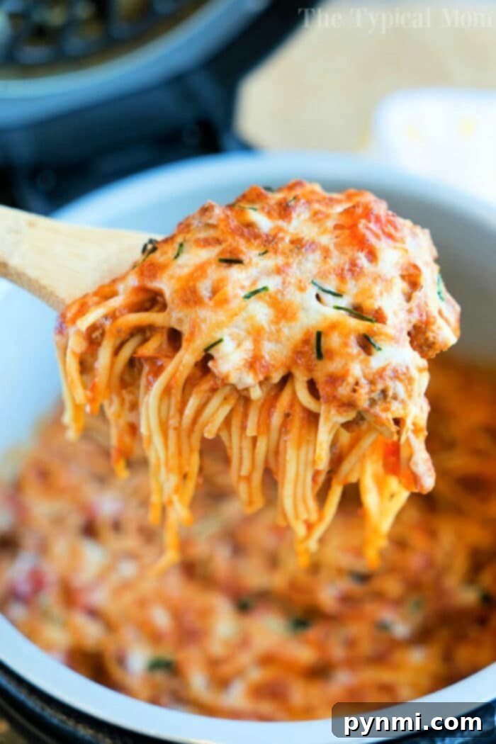 Easy One-Pot Ninja Foodi Spaghetti 3 A wooden spoon lifting cheesy Ninja Foodi spaghetti from a pot, with melted cheese and herbs on top.