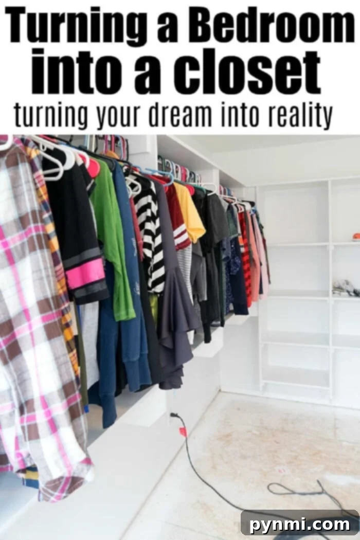 The bedroom has been ingeniously transformed into a closet, with clothes neatly arranged on shelves and hangers, reflecting perfect organization.