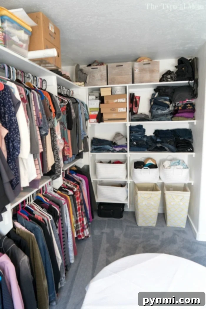 The spacious and well-organized DIY walk-in closet with personal touches.