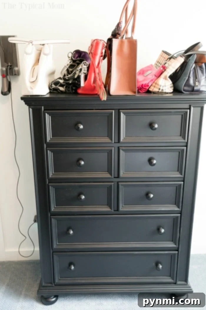 A DIY blogger proudly showcasing the transformed walk-in closet, emphasizing the satisfaction of a successful home project.