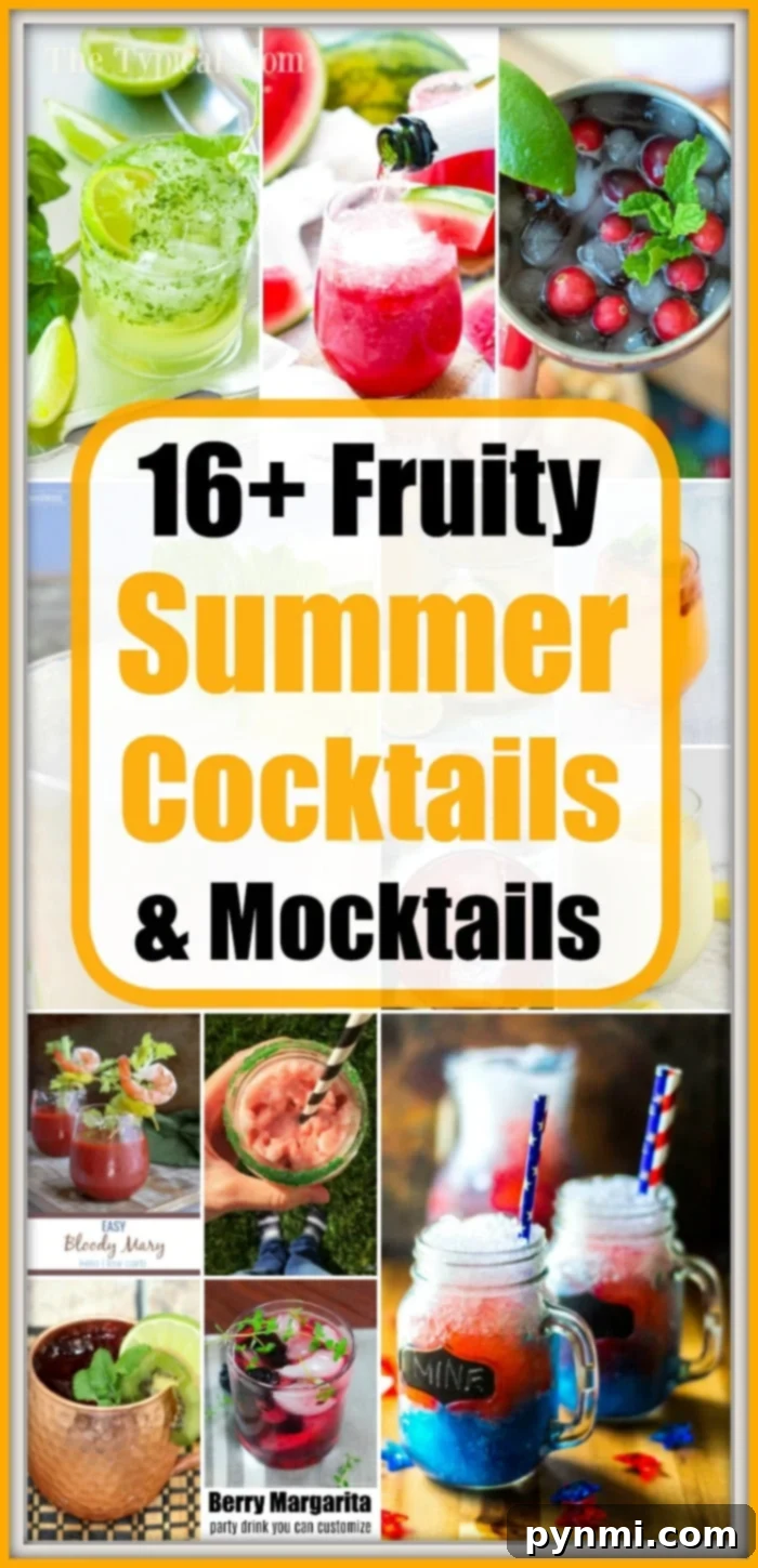 Assortment of vibrant summer cocktails in glasses, garnished with fresh fruit, on an outdoor patio setting. Perfect for summer gatherings and relaxation.