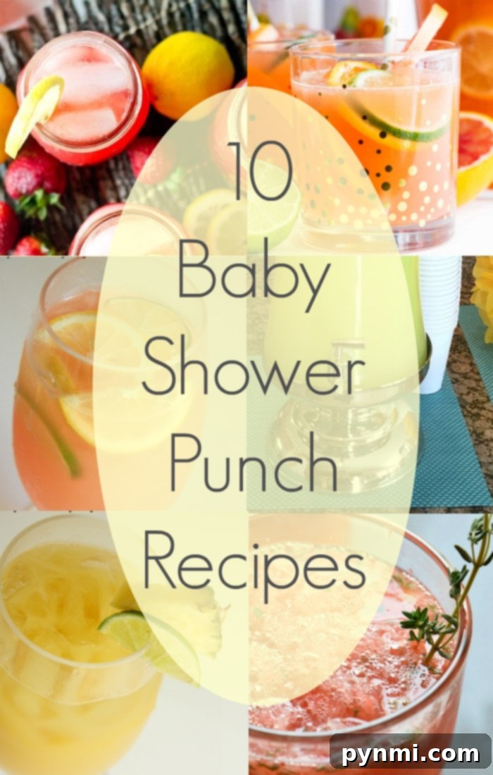A variety of colorful drinks in glasses, suitable for baby showers, garnished with fruit and umbrellas.