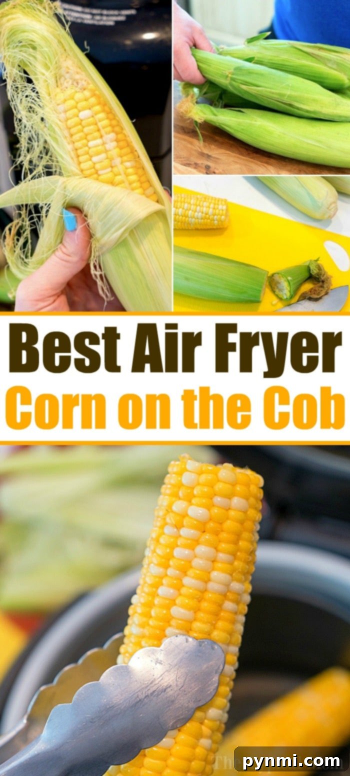 A close-up of air fryer corn on the cob, emphasizing its perfect golden char and juicy kernels.