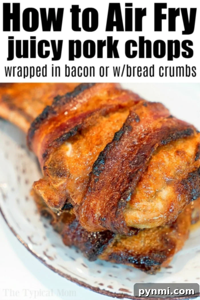 Discover two delicious air fryer pork chop recipe ideas: one wrapped in savory bacon with no breading, and another lightly breaded for extra crunch. Both are fantastic for dinner! #porkchops #airfryer #airfryerrecipe #ninjafoodi #ninjafoodirecipes #breaded #bacon Air Fryer Pork Chop Recipe - Unbreaded and Bacon-Wrapped