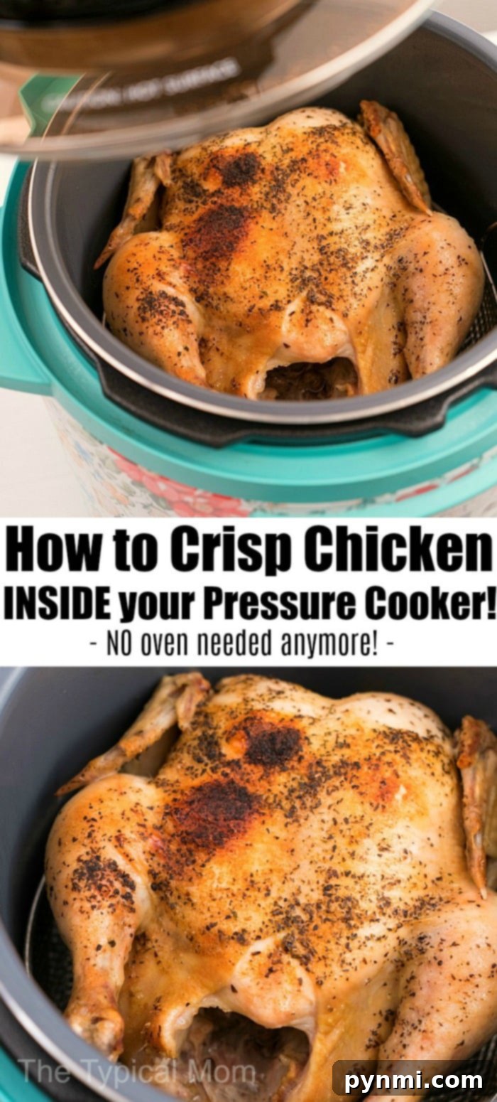 The perfect CrispLid Rotisserie Chicken: achieve incredible crispy skin and juicy meat in your pressure cooker with the MICHELANGELO Air Fryer Lid. #InstantPotRecipes #RotisserieChicken #AirFryerRecipes CrispLid Rotisserie Chicken made in a pressure cooker with the air fryer lid, showcasing perfectly golden crispy skin