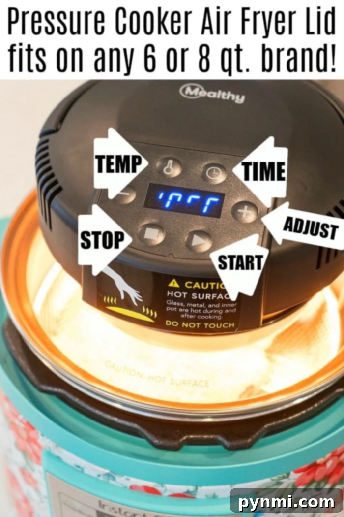 Explore the intuitive controls of the MICHELANGELO Air Fryer Lid and transform your pressure cooker into a versatile air fryer. Instant Pot, Crock Pot Express, and Mealthy compatible. Detailed view of the MICHELANGELO Air Fryer Lid control panel, highlighting user-friendly buttons