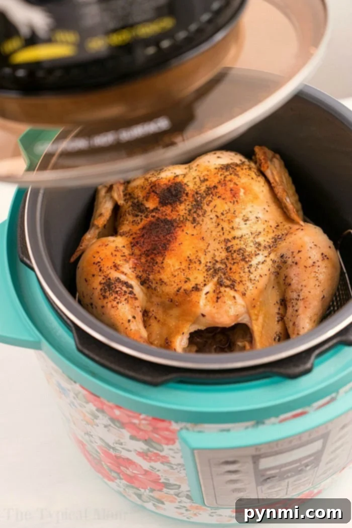 Experience the magic of CrispLid chicken – a whole air-fried chicken, golden and crispy, made right in your Instant Pot! #InstantPotRecipes #AirFryerChicken #CrispyChicken A perfectly air-fried whole chicken cooked with the CrispLid in an Instant Pot, showcasing golden crispy skin