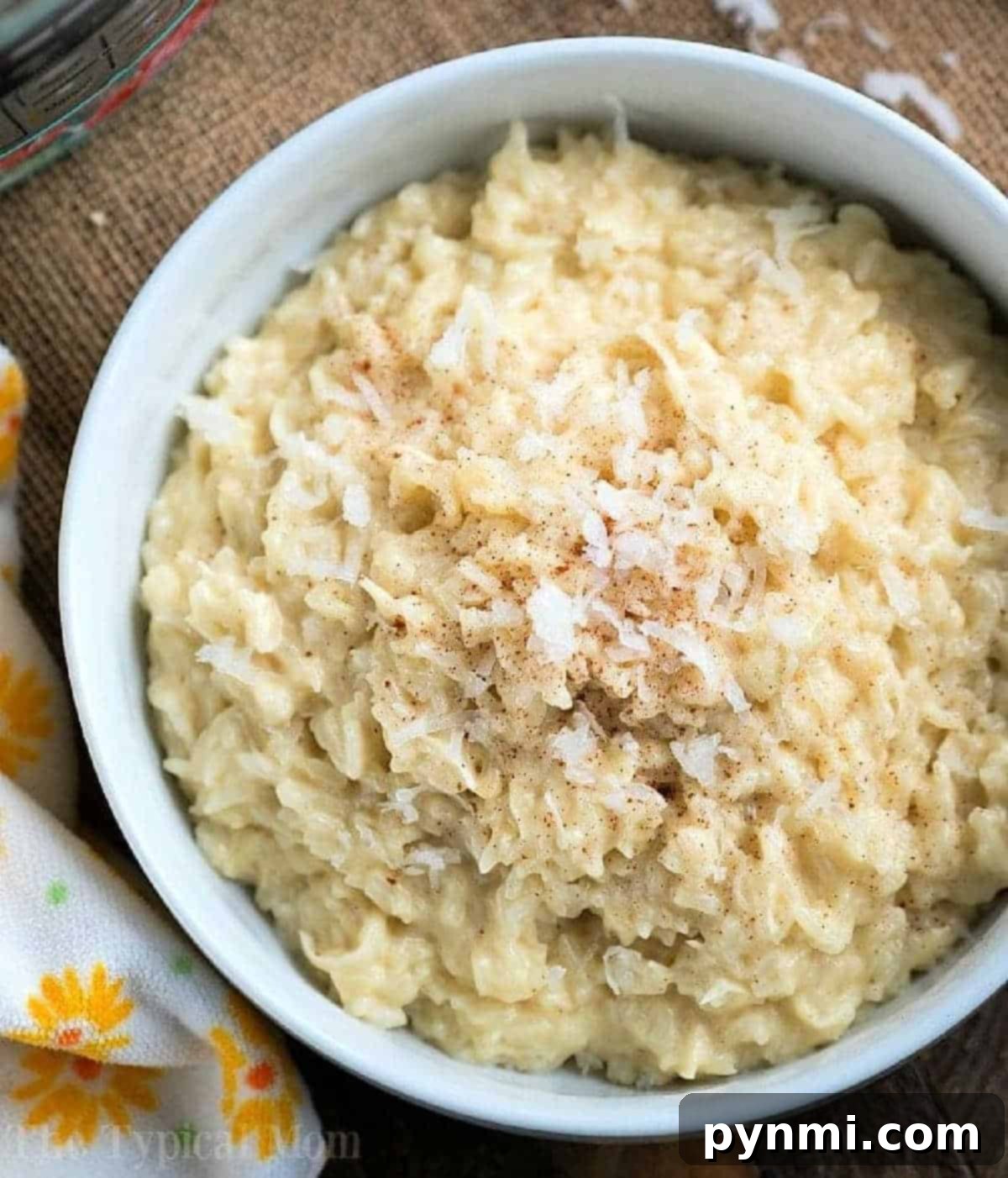 Island Rice Dream 2 A beautiful bowl of creamy coconut rice pudding, garnished with finely shredded coconut and a delicate sprinkle of cinnamon, ready to be enjoyed.