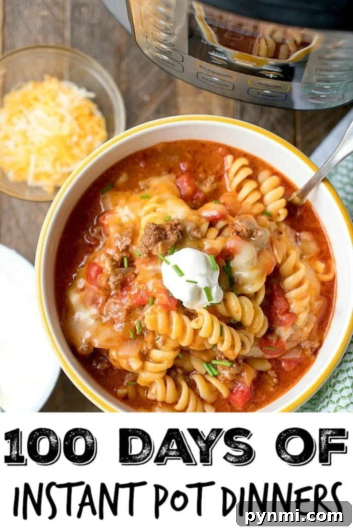 June Instant Pot recipes for dinner, side dishes and dessert! #instantpot #june A tantalizing bowl of spaghetti with rich sauce, creamy cheese, and a dollop of sour cream sits invitingly in front of an Instant Pot. The image is titled '100 Days of Instant Pot Dinner Recipes,' inspiring June Instant Pot recipes for dinner, side dishes, and dessert.