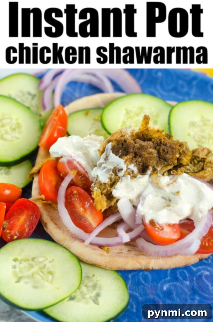 Close-up of a plate of Instant Pot chicken shawarma with pita bread and fresh garnish