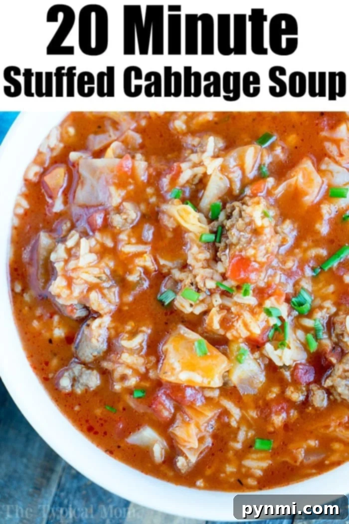 Pressure cooker stuffed cabbage soup recipe! #cabbage #pressurecooker #ninjafoodi A bowl of hearty pressure cooker cabbage soup with rice and tomatoes