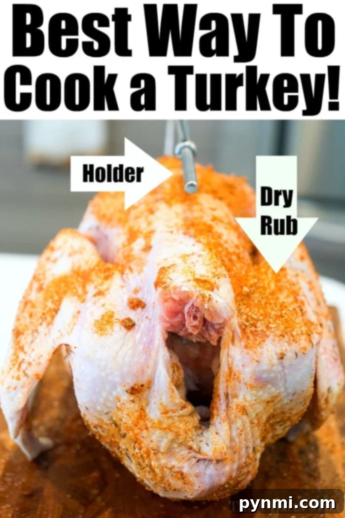 Guide to Crafting Clean Original English Titles 3 Raw turkey seasoned with a dry rub sits on a holder, ready for cooking. The image features text indicating "Best Way To Cook a Moist Turkey!" with arrows pointing to the holder and dry rub.