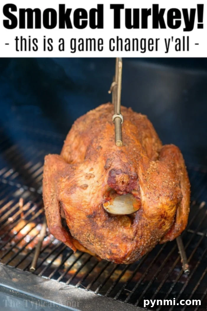 Guide to Crafting Clean Original English Titles 5 A whole smoked turkey, boasting crispy, golden-brown skin with visible seasoning, hangs on a metal hook inside a smoker. Text at the top reads,