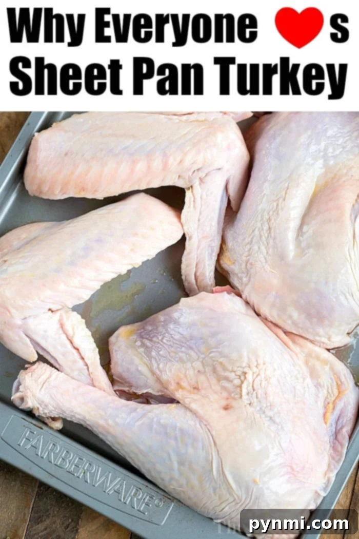 Guide to Crafting Clean Original English Titles 6 Sheet pan turkey parts are neatly arranged on a silver sheet pan. The top text reads, Why Everyone L♥ves Sheet Pan Turkey with a heart replacing the "o" in Loves.
