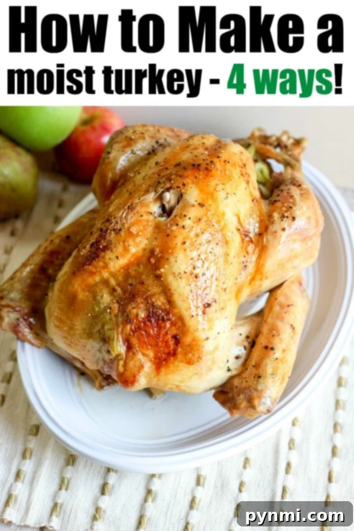 Guide to Crafting Clean Original English Titles 7 A roasted turkey with golden-brown skin sits on a white plate, surrounded by juicy apples. The text reads, "How to Make a Moist Turkey - 4 Ways!" Pair it with a delightful cast iron apple crisp for the perfect feast.