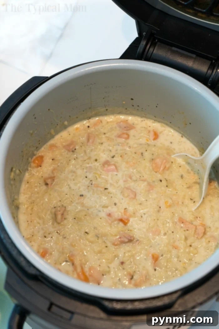 Velvety Chicken and Rice Bake 6 A generously filled pot of creamy chicken and rice casserole, perfectly cooked and steaming, ready to be dished out and savored.