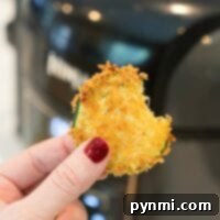Hand holding a bite of crispy breaded zucchini in front of an air fryer, nails painted red, showcasing the perfect snack alongside freshly made air fryer zucchini chips.